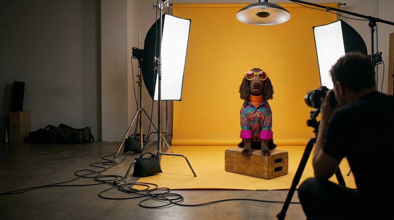 Behind the scenes at Pawsé: a chocolate spaniel posing on set while a photographer shoots